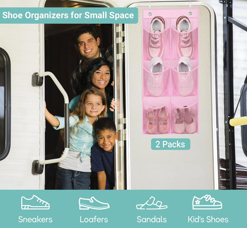 KIMBORA 2 Packs Narrow Kids Over the Door/Wall Shoe Organizer Small Baby Hanging Shoe Rack for Closet with Clear Mesh Pocket Shoe Storage for Toddler Girl Bedroom, Bathroom, RV, Pantry, Camping (Pink) by KIMBORA