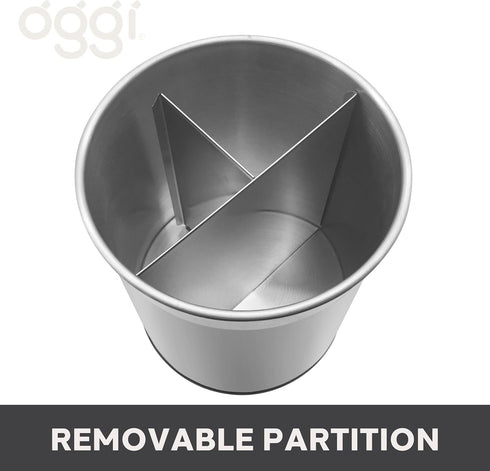 Oggi Jumbo Stainless Steel Rotating Utensil Holder with Removable Divider - Stylish kitchen cooking utensil organizer. Height 7.5". by Oggi