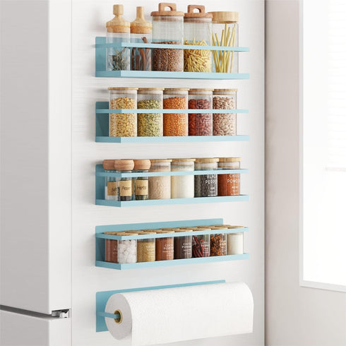 4 Pack Magnetic Spice Rack For Refrigerator, Space Saving Magnetic Shelf For Fridge Blue With Magnetic Paper Towel