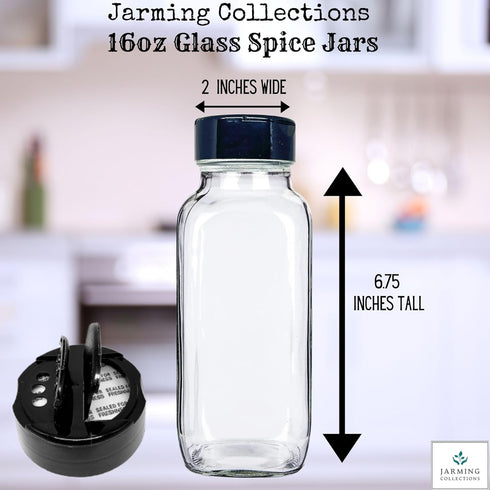 JARMING COLLECTIONS Glass Spice Jars with Shaker Lids, 16 oz Spice Containers for Kitchen Organization (3 pack)