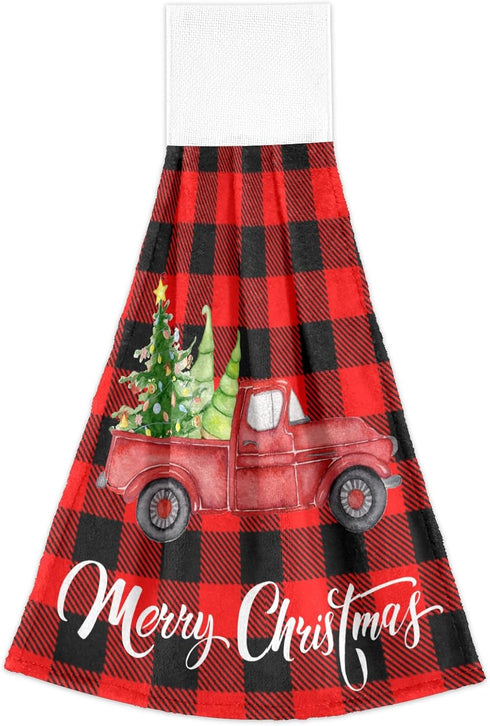 Boccsty Christmas Tree Truck Fingertip Bath Towels, 2 Pcs Red Black Plaid Tartan Kitchen Hand Towels