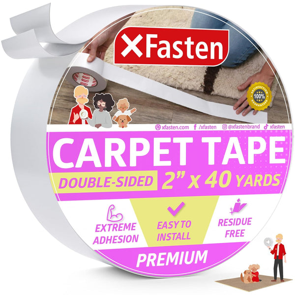 XFasten Double Sided Carpet Tape, Heavy Duty 2” x 40 yds Residue-Free Rug Tape for Area Rugs Over Carpet