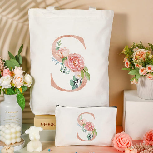 Sanwuta 2 Pcs Floral Letter Initial Canvas Tote Bags, Monogrammed Travel Cosmetic Bags for Woman Wedding Gift