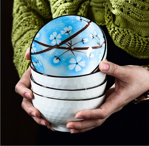Set of 4 Mose Cafolo Japanese Style Ceramic Rice Bowls, Assorted Designs with Phum Flowers, Gift Box