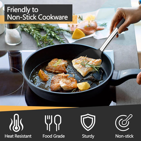 P&P CHEF Black Silicone Cooking Utensil Set of 4, Heat-proof Spatulas, Slotted Spoons, Turners for Non-stick Cookware