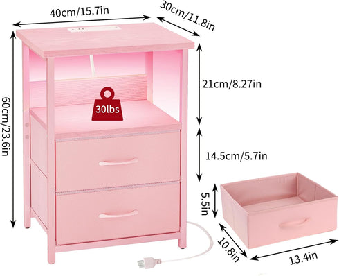 2 Fixwal Night Stand with Charging Station, LED Nightstand with U-S-B Ports and Outlets, Fabric Storage Drawers with PU