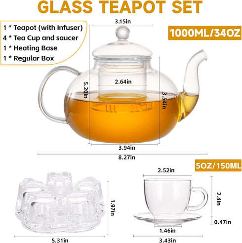 Set, 34OZ/1000ML 5oz/150ML Set 4, Set Glass Teapot Glass Tea Kettle with Loose Tea Infuser & Warmer, Tea Cup & Saucer