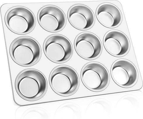 E-far Muffin Pan 12-Cup, Stainless Steel Cupcake Baking Tins for Oven, Non-toxic & Dishwasher Safe