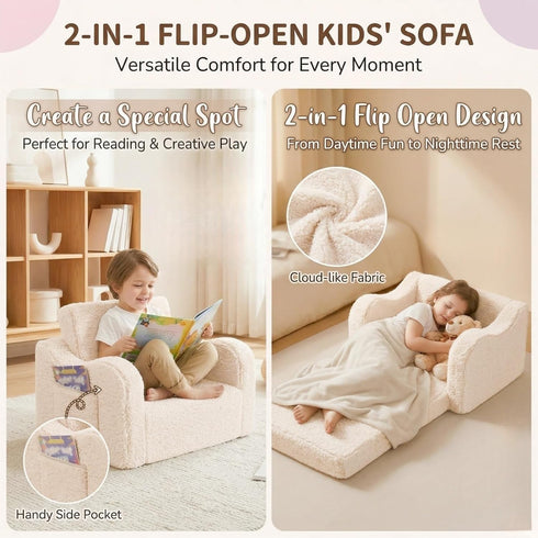 2-in-1 Cozy MOMCAYWEX Kids Sofa, Flip-Out Foam Couch with Soft Sherpa Cover, Play Lounge Chair, Cream