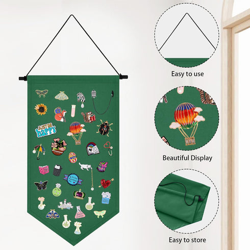 Kunyeah Wall Hanging Brooch Organizer Storage Case - Colorful Canvas Pin Board Stand for Enamel Pins (Green)