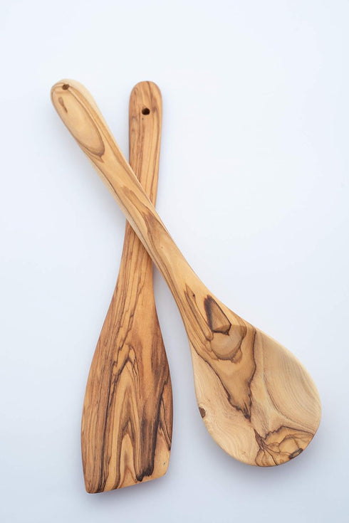 Handcrafted Olive Wood Cooking Spoon & Spatula Set of 2 Pieces - 10 Inch Practical Wooden Utensils