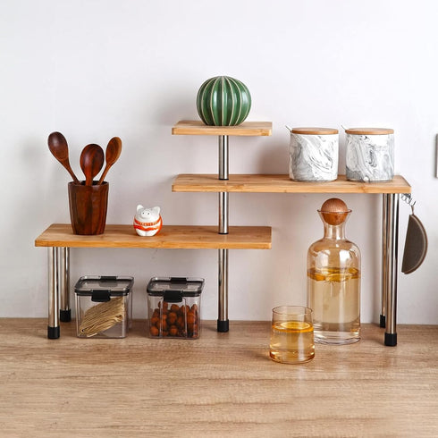 HYNAWIN 3 Tier Corner Shelf Bamboo & Metal Storage Rack, Adjustable Organizer for Kitchen, Bedroom, Office