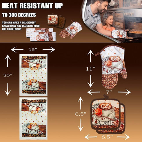Lobyn Value Packs: 5-Piece Café Latte Kitchen Towel Set - Quilted Oven Mitt & 2 Potholders