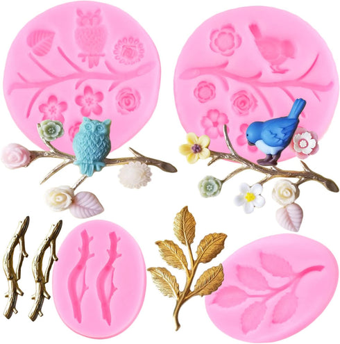 Mujiang 3D Owls Birds Silicone Molds for Flower Chocolate Candy Cake Decorating Set of 4