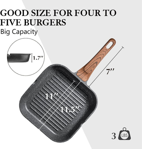 SENSARTE 11 Inch Nonstick Grill Pan for Stove Tops, Durable Square Griddle with Pour Spouts for Indoor & Outdoor