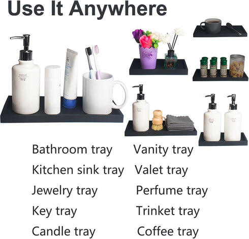 DNC 11.8" Bathroom Counter Tray, Silicone Vanity Tray for Kitchen Sink Soap Holder & Dispenser, Black Countertop