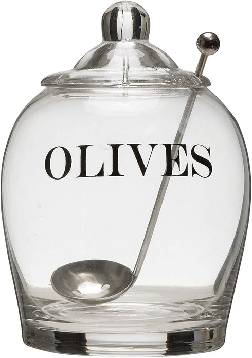 Creative Co-Op Clear Glass "OLIVE" Jar with Lid & Slotted Stainless Steel Spoon – Set of 3 Pieces
