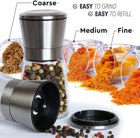 Salt and Pepper Grinder Set of 2, Premium Stainless Steel Spice Mill with Adjustable Coarseness and Refillable Glass