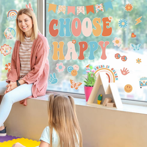 Retro Groovy Inspiration Choose Happy Window Clings, 6 Sheet Double Sided Boho Daisy Rainbow Positive Glass Decals for