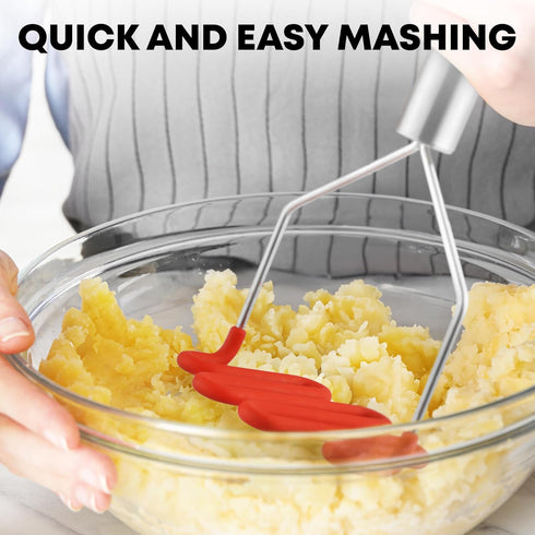 Zulay Kitchen Non-Scratch Potato Masher - Heavy-Duty Stainless Steel & Silicone Hand Masher, Red