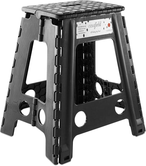 Casafield 18" Folding Step Stool with Handle, Black - Portable Collapsible Small