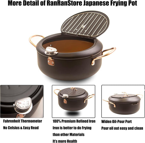 Japanese Tempura Deep Fryer Pot 2.3L with Fahrenheit Thermometer, Nonstick Coating, Easy Clean, Black