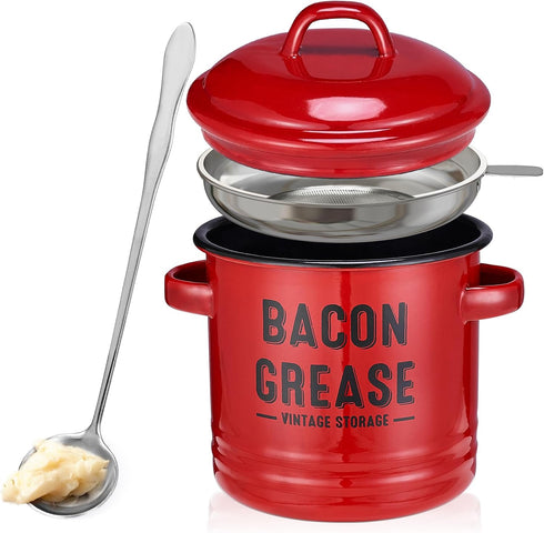 Bacon Grease Container with Strainer - Large 46OZ Red Kitchen Oil Storage