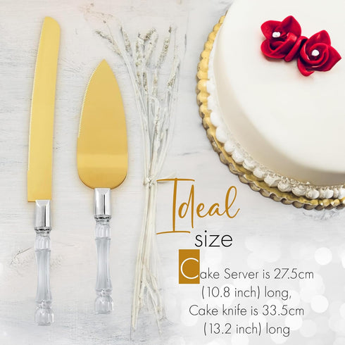 Cake Knife and Server Set, Gold Blade & Faux Crystal Handle Wedding Cake Cutting Set for Party & Anniversary