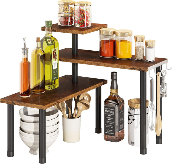 BMOSU Kitchen Corner Shelf Organizer with Hooks, Adjustable Spice Rack, 3 Tier Storage for Bathroom Counter Shelves,