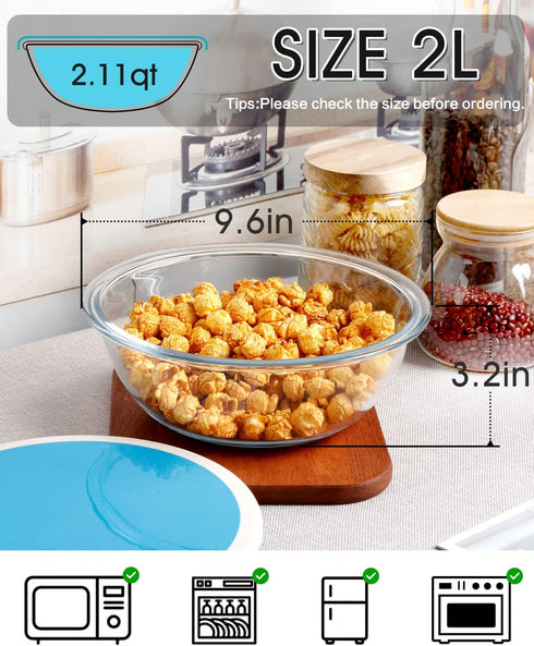 NUTRIUPS 2-Quart Large Glass Mixing Bowls with Lids, Salad Bowl with Lid 2-Pieces by NUTRIUPS