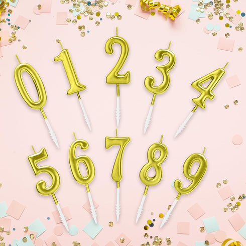 Beanlieve 10-Pieces Numeral Birthday Candles, Glitter Cake Topper Decoration for Birthday, Wedding, Party (Gold)