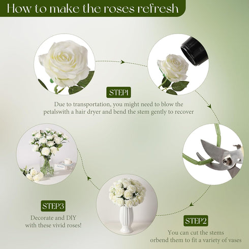 Tifuly White Roses Artificial Flowers, 12 pcs Realistic Single Long Stem Fake Silk Roses Bouquet for Home Wedding Decor