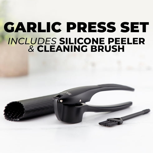 Set Zulay Kitchen Large Premium Garlic Press Rust Proof & Dishwasher Safe, Bigger Bowl Garlic Mincer Tool with Silicone