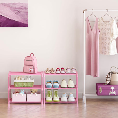3-Tier Closet, 5-7 HITHIM Pink Shoe Racks for Women/Girls/Kids' Small Shoe Storage for Pairs, Lightweight Stackable