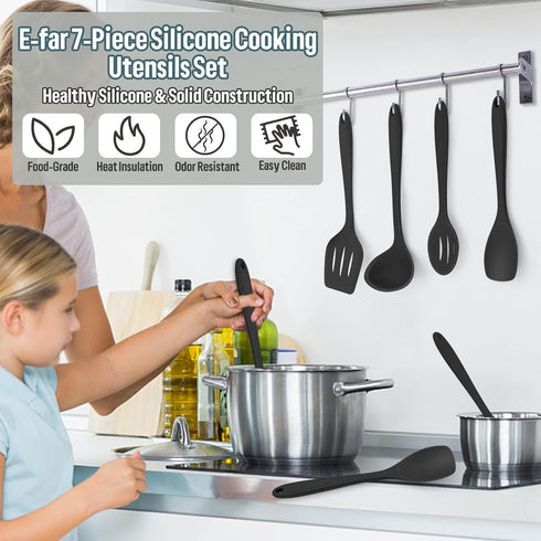 E-far 7-Piece Silicone Cooking Utensils Set, Black Heat Resistant Kitchen Tools, Nonstick Spatula, Ladle, Spoon, Pasta