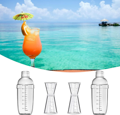 4 pcs Clear Cocktail Shaker Set, 2 pcs Plastic Bar Shaker with 2 pcs Plastic Double Measuring Jigger