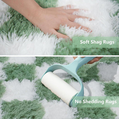 Room,5x8 Area Rugs for Bedroom Living Green and White Fluffy Soft Checkered Rug Fuzzy Shag Shaggy Carpet, Indoor Plush