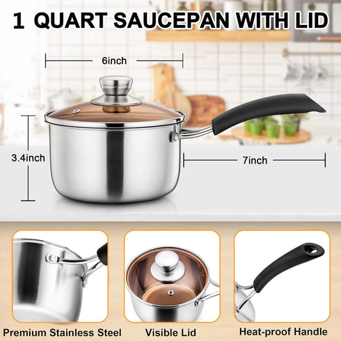 LIANYU 1QT Stainless Steel Saucepan with Lid, Small Pot for Milk, Soup, Home Kitchen, Dishwasher Safe