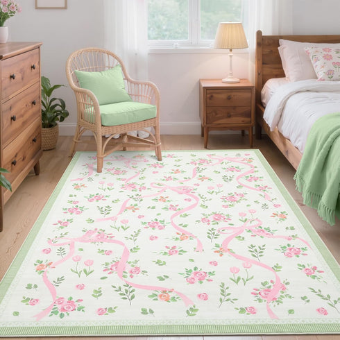 4x6 GarveeHome Coquette Pink and Green Bow Rugs for Bedroom Girls, Rug for Living Room with Soft Low Pile, Floral