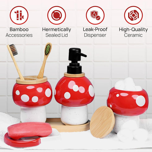 Set Mushroom Bathroom Decor Ceramic Soap Dispenser, Toothbrush Holder, Canister, and Soap Dish with Bamboo Accessories