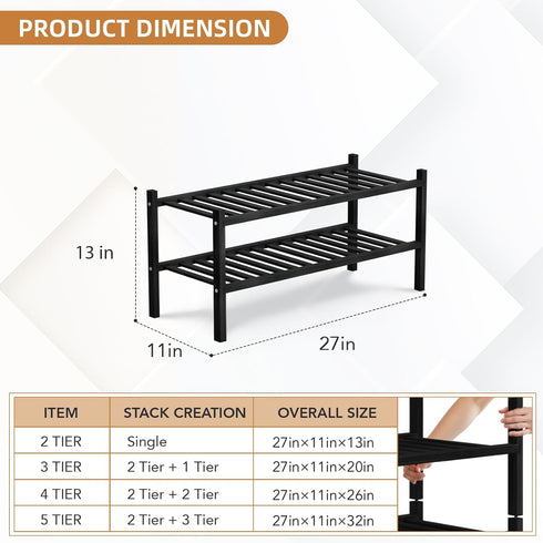 2 Closet, 27"x11"x13" 2 Tier Bamboo Shoe Rack Storage Organizer for Multifunctional Stackable Free Standing Shoe Shelf