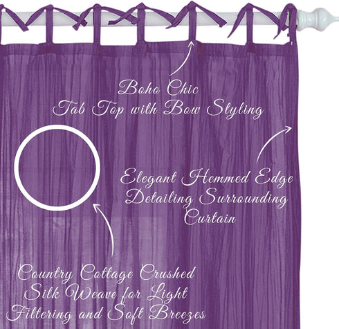 Elrene Home Fashions Greta Crushed Sheer Tie Tab Top Teen Kids Single Window Panel Curtain Drape, Purple