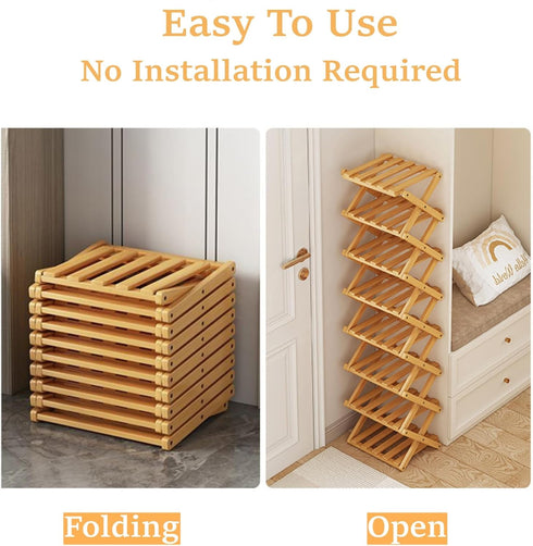 Closet, 4 Foldable Shoe Rack, Bamboo Vertical Shoe Organizer Tall for Small Spaces. Multifunctional Narrow Shoe Shelf