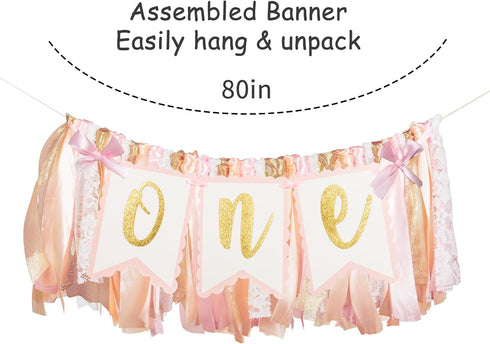 Q&High Life 1st Pre - strung Pink Highchair Banner - One Birthday Highchair Banner for Princess Girls ONE Baby Shower
