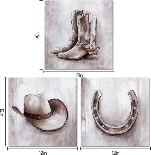 Country 12 12 Inch 3 HOMEOART Western Decor Cowboy Hat and Boots Horseshoes Canvas Wall Art Rustic Style Cowboy Room