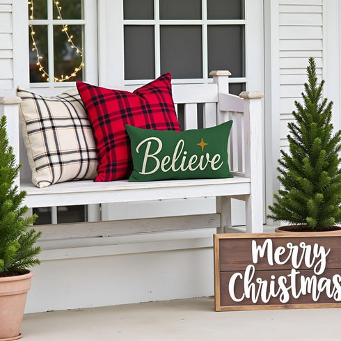 12x20 Inch, Christmas Throw Pillow Cover Forest Green Believe Christmas Decor, Outdoor Xmas Winter Holiday Lumbar