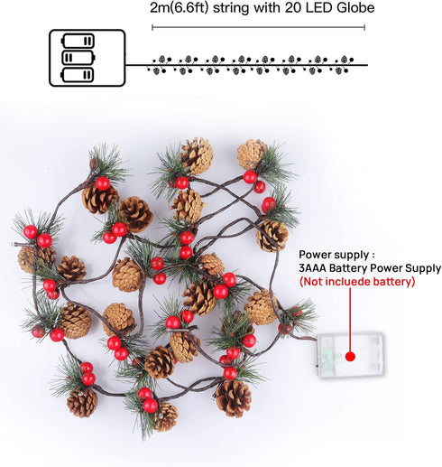 2 6.6 20 PCS Christmas Garland with Lights and Bigger Pine Cones, Led String Lights, Red Berries, Needle, Pine Cone