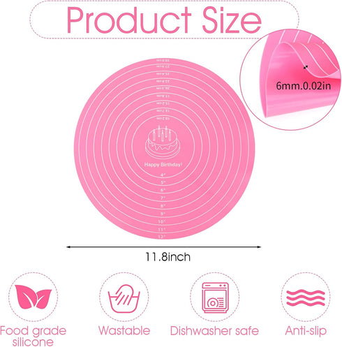 Silicone Baking Mat, Cake Mat Round Silicone Baking Mat Small Silicone Kneading Mat Pastry Baking Mat Round Silicone Mat with Size Measurement Specification, Non-Stick (Pink) by oruola