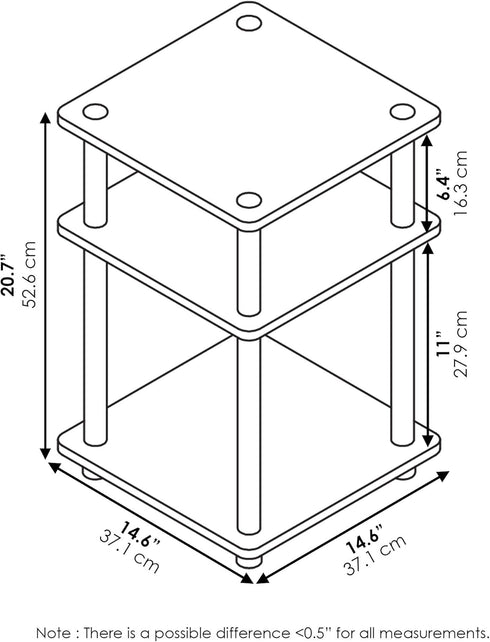 3-Tier Furinno TURN-N-TUBE Side Table, Square Modern End Table, Open Shelves Nightstand, Night Stand, Bedside Table