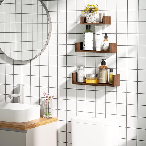 SRIWATANA Set of 3 Wall Mounted Floating Shelves, Solid Wood, Dark Brown